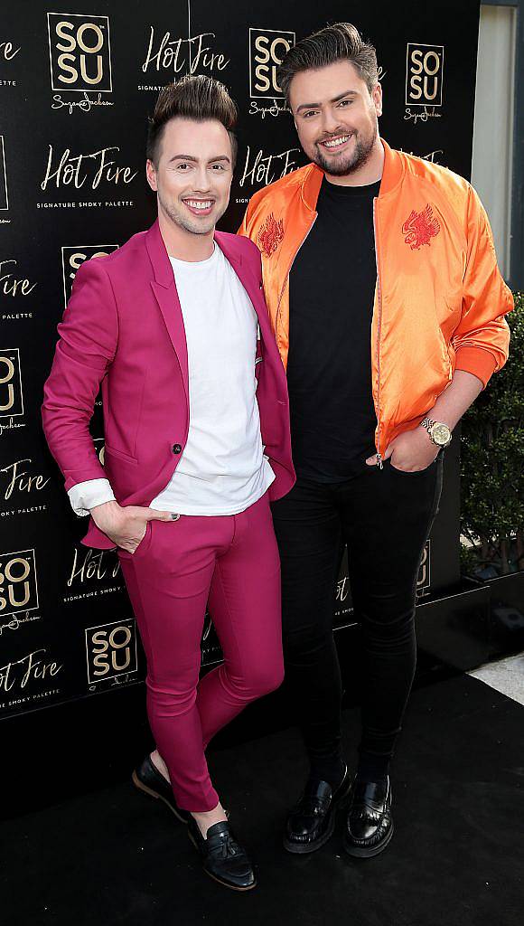 Mark Rogers and James Patrice Butler at the launch of Suzanne Jackson's 'Hot Fire' signature smoky eyeshadow palette at Fire Restaurant, The Mansion House, Dublin. Pic by Brian McEvoy