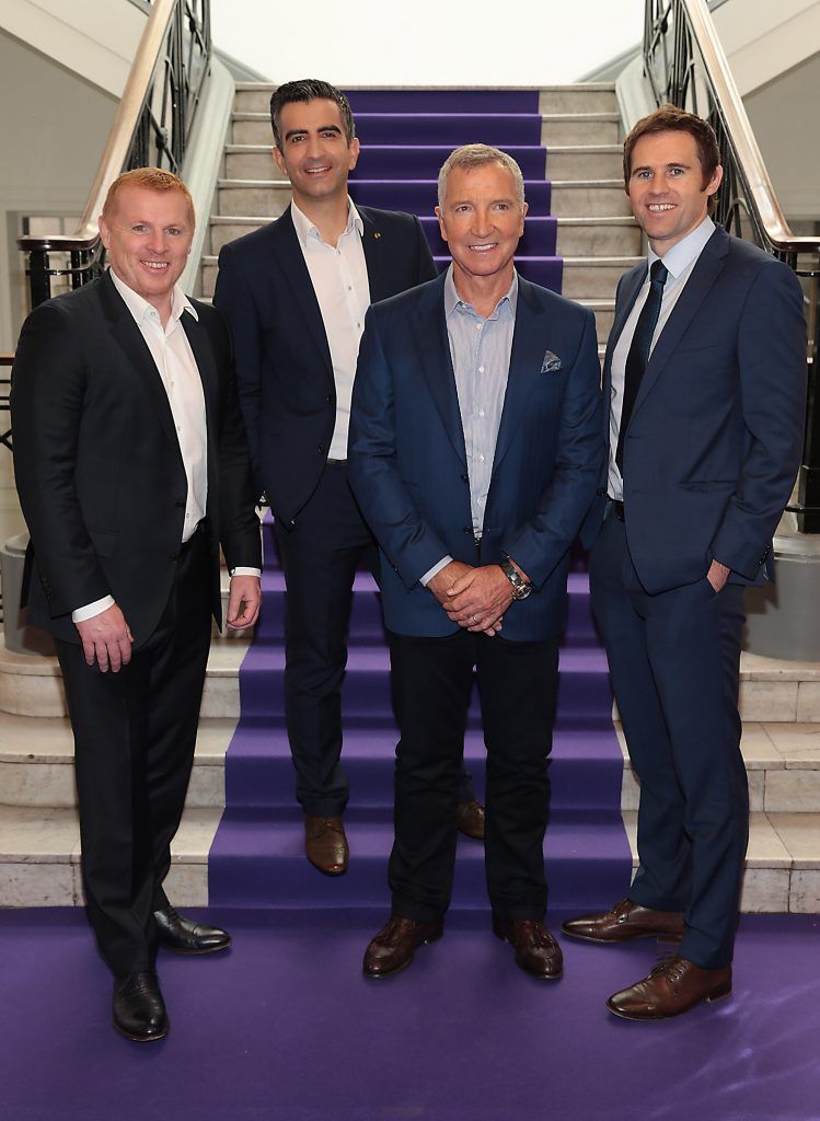 Champion League presenter Tommy Martin with Panel Neil Lennon, Graeme Souness and Kevin Kilbane pictured as TV3 unveiled its programming plans for Autumn 2017 at The National Concert Hall, Dublin. Pictures: Brian McEvoy
