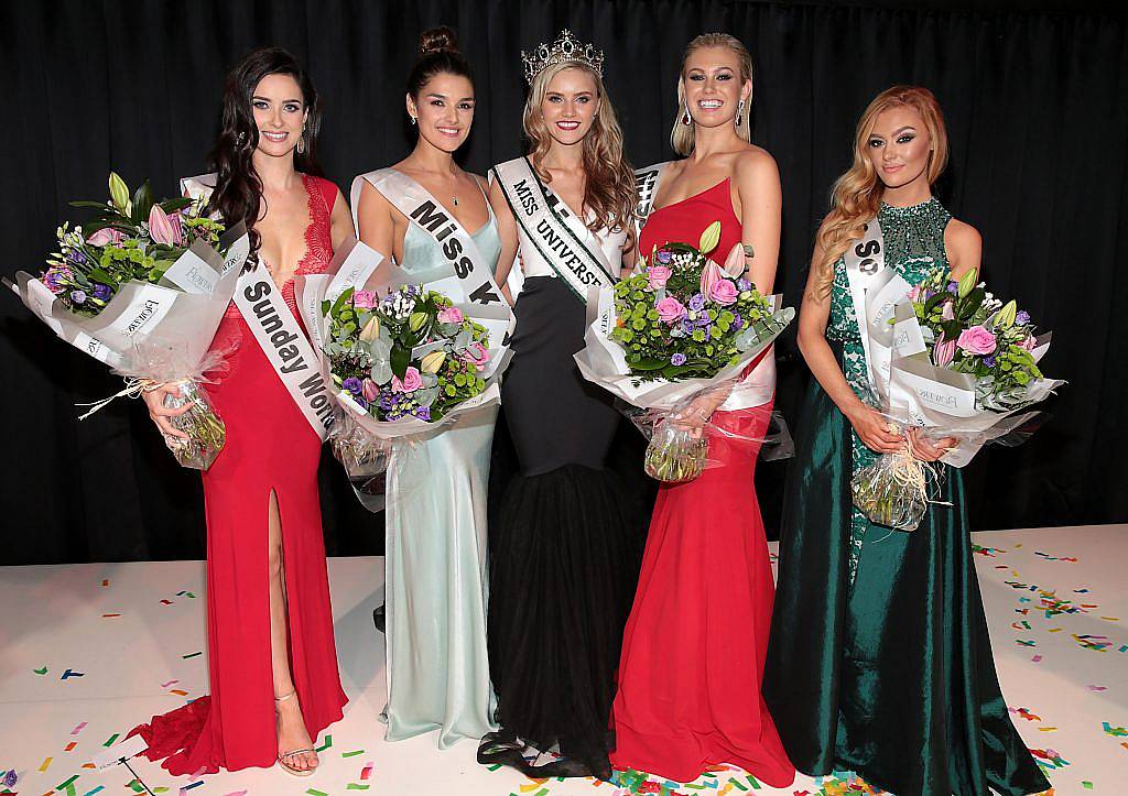 Miss Universe Ireland 2017 Cailin Aine Ni Toibin  from Cobh in Cork (centre) with runners up Miss Sunday World Aoife McGrane, Miss Kildare Kelly Horrigan, Miss Call and Co Caoimhe Dwyer and Miss So Amazing Andrea Rooney at the final of Miss Universe Ireland 2017 at The Mansion House, Dublin. Picture by Brian McEvoy