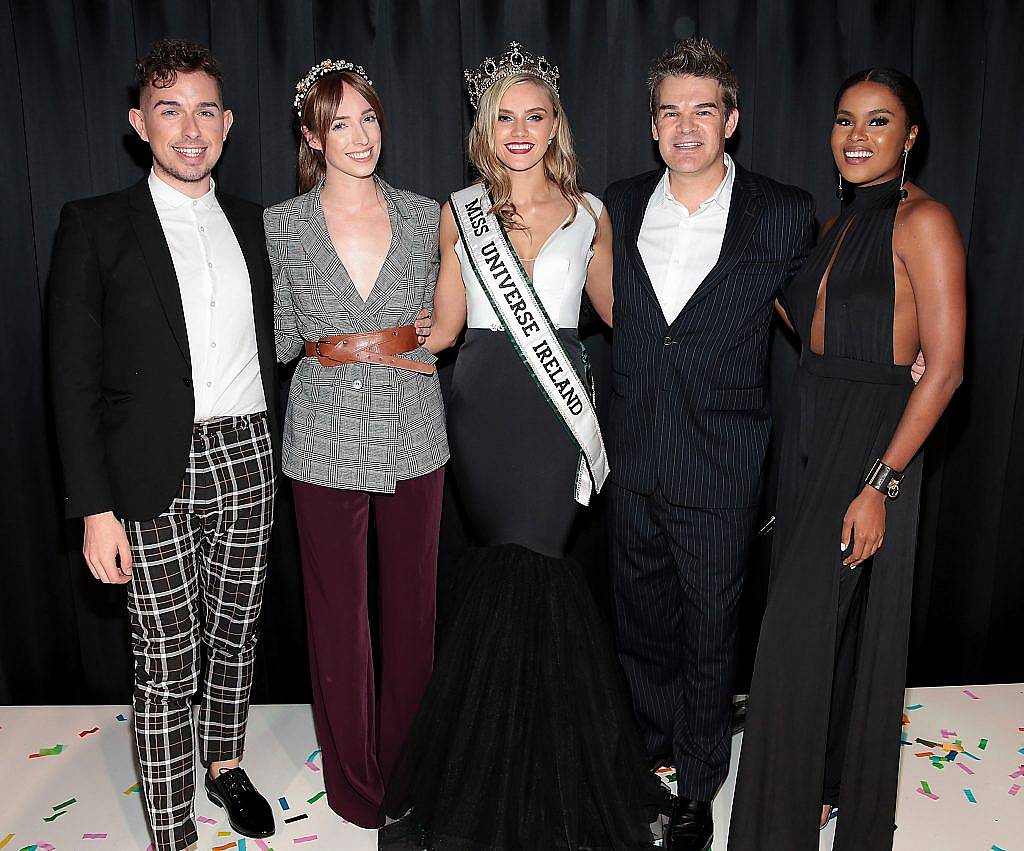 Miss Universe Ireland 2017 Cailin Aine Ni Toibin from Cobh in Cork (centre) with the Judges Eamonn McGill, Ciara O Doherty, JScott Reid and Tiana Griggan at the final of Miss Universe Ireland 2017 at The Mansion House, Dublin. Picture by Brian McEvoy