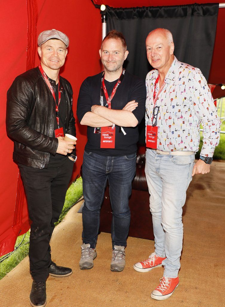 Brian O'Driscoll, Ger Gilroy and Bobby Kerr at the Newstalk Lounge at Electric Picnic 2017. The Newstalk Lounge was awash with famous faces from the worlds of sports, politics and entertainment. Photo by Kieran Harnett