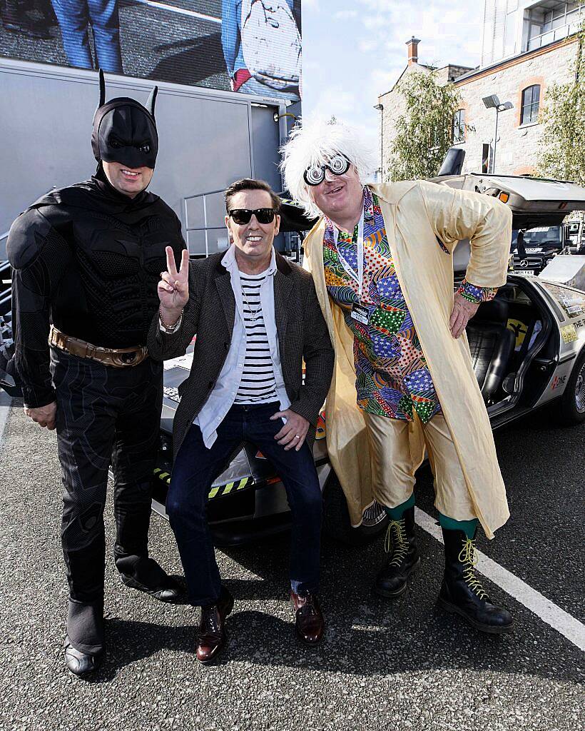 Christ Dignam is pictured with Batman and the Doc Browne at the start line of the supercar spectacle Cannonball 2017 in the Point Village, Dublin (8th September 2017). Picture by Andres Poveda