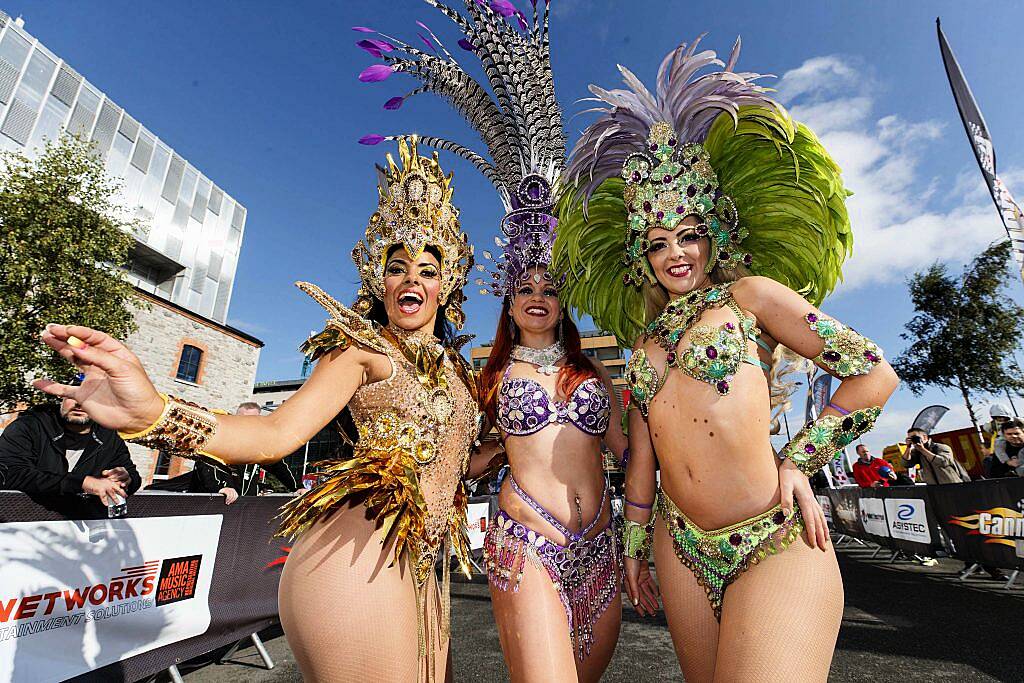 The Viva Brasil Samba girls at the start line of the supercar spectacle Cannonball 2017 in the Point Village, Dublin (8th September 2017). Picture by Andres Poveda