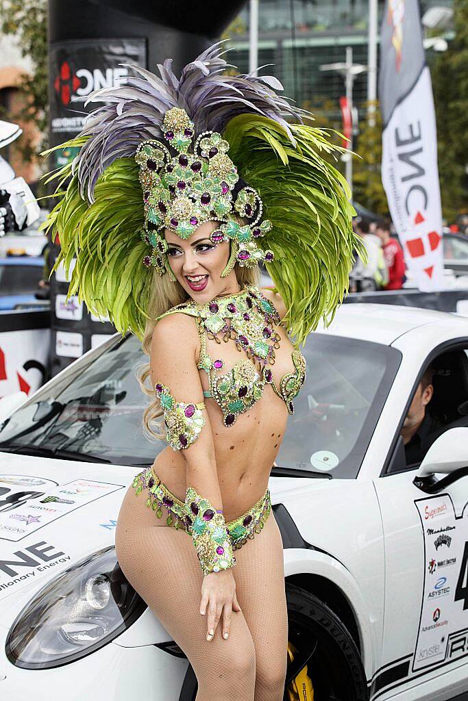 The Viva Brasil Samba girls pictured at the start line of the supercar spectacle Cannonball 2017 in the Point Village, Dublin (8th September 2017). Picture by Andres Poveda