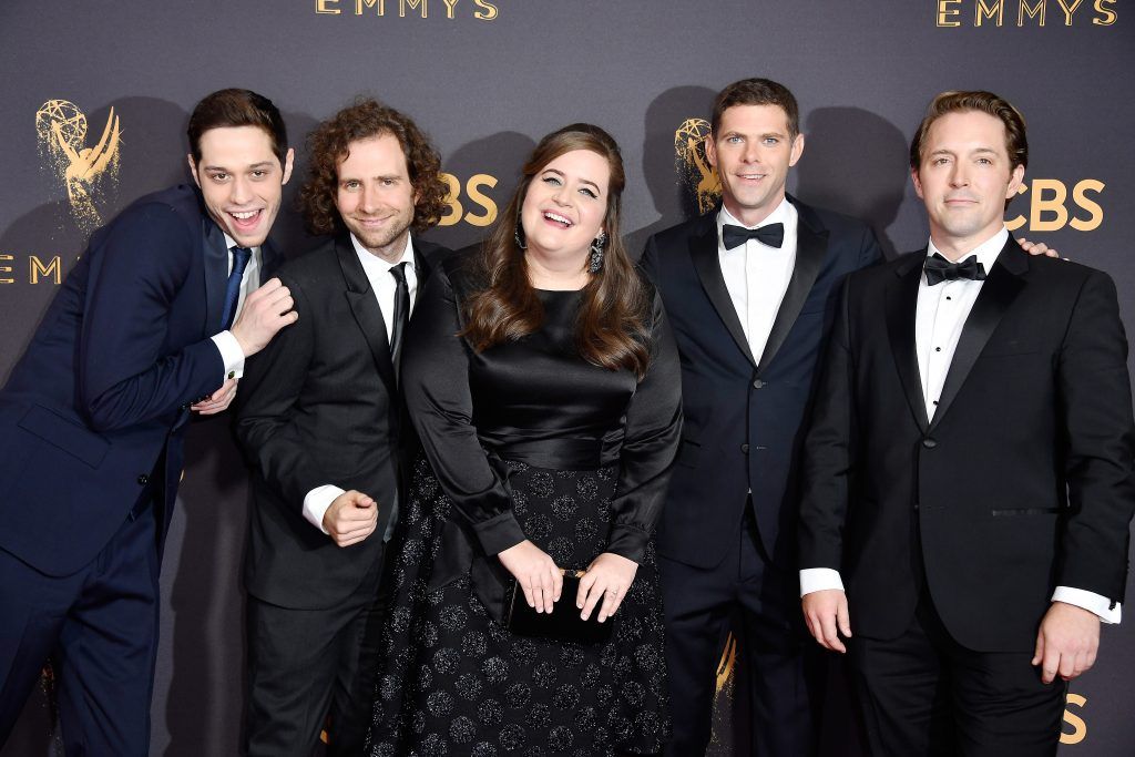 LOS ANGELES, CA - SEPTEMBER 17: (L-R) Actors Pete Davidson, Kyle Mooney, Aidy Bryant, Mikey Day and Beck Bennett attend the 69th Annual Primetime Emmy Awards at Microsoft Theater on September 17, 2017 in Los Angeles, California.  (Photo by Frazer Harrison/Getty Images)