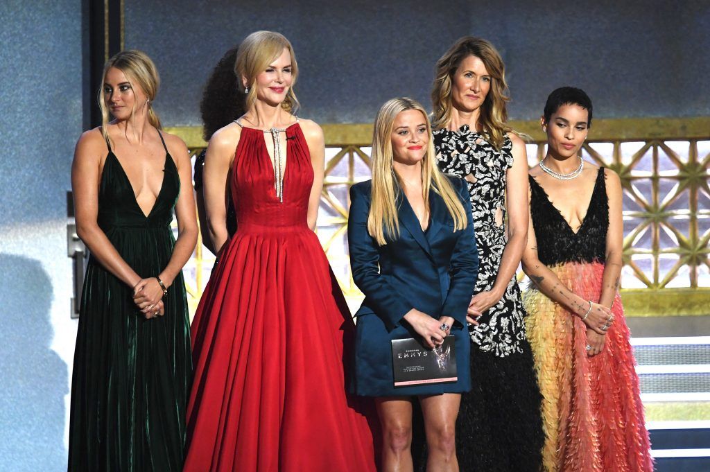 LOS ANGELES, CA - SEPTEMBER 17:  (L-R) Actors Shailene Woodley, Nicole Kidman, Reese Witherspoon, Laura Dern, and Zoe Kravitz speak onstage during the 69th Annual Primetime Emmy Awards at Microsoft Theater on September 17, 2017 in Los Angeles, California.  (Photo by Kevin Winter/Getty Images)