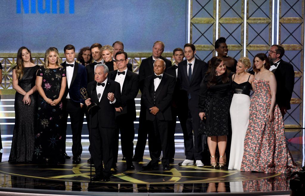 LOS ANGELES, CA - SEPTEMBER 17:  The cast and crew of Saturday Night Live accepts the Outstanding Variety Sketch Series award onstage during the 69th Annual Primetime Emmy Awards at Microsoft Theater on September 17, 2017 in Los Angeles, California.  (Photo by Kevin Winter/Getty Images)