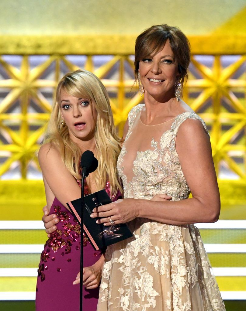 LOS ANGELES, CA - SEPTEMBER 17:  Actors Anna Faris (L) and Allison Janney speak onstage during the 69th Annual Primetime Emmy Awards at Microsoft Theater on September 17, 2017 in Los Angeles, California.  (Photo by Kevin Winter/Getty Images)