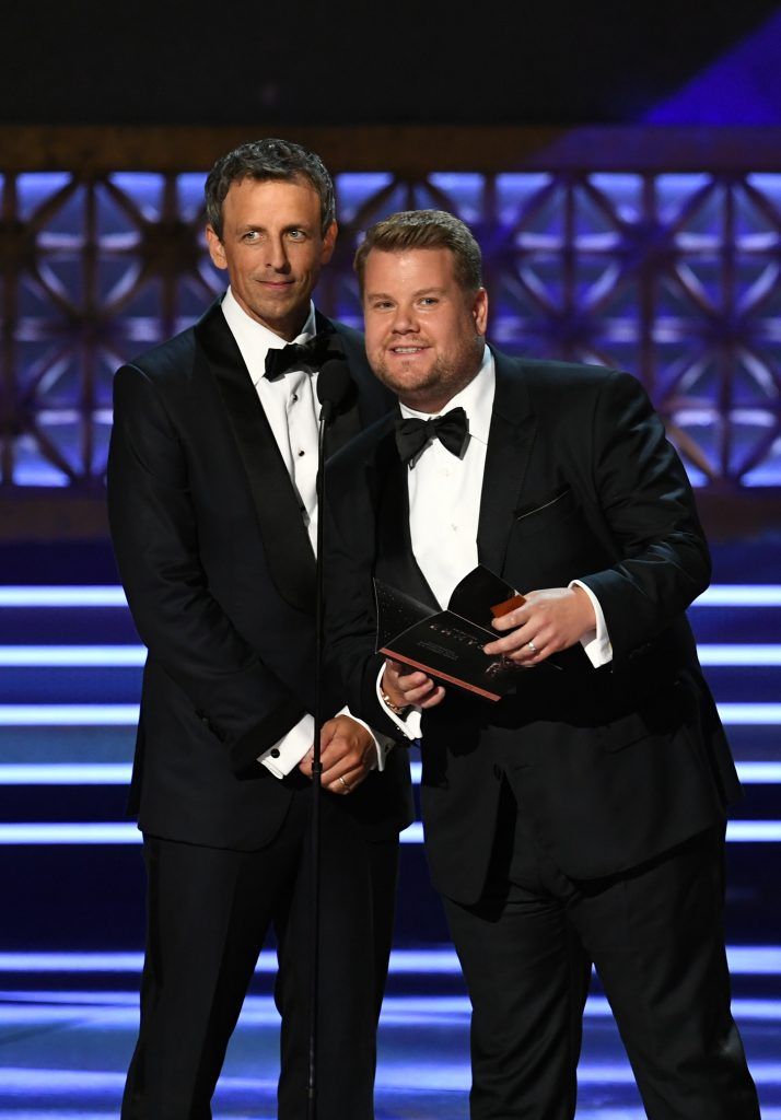 LOS ANGELES, CA - SEPTEMBER 17:  TV personalities Seth Meyers (L) and James Corden speak onstage during the 69th Annual Primetime Emmy Awards at Microsoft Theater on September 17, 2017 in Los Angeles, California.  (Photo by Kevin Winter/Getty Images)