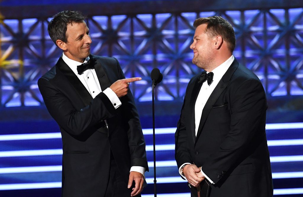 LOS ANGELES, CA - SEPTEMBER 17:  TV personalities Seth Meyers (L) and James Corden speak onstage during the 69th Annual Primetime Emmy Awards at Microsoft Theater on September 17, 2017 in Los Angeles, California.  (Photo by Kevin Winter/Getty Images)