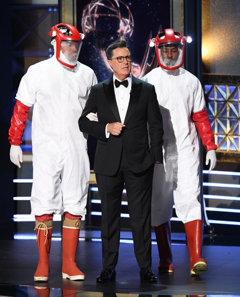 LOS ANGELES, CA - SEPTEMBER 17:  Host Stephen Colbert (C) speaks onstage during the 69th Annual Primetime Emmy Awards at Microsoft Theater on September 17, 2017 in Los Angeles, California.  (Photo by Kevin Winter/Getty Images)