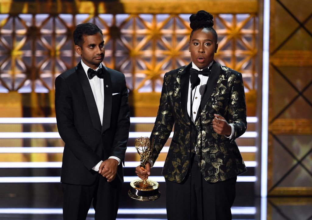 LOS ANGELES, CA - SEPTEMBER 17:  Actor/writers Aziz Ansari (L) and Lena Waithe accept Outstanding Writing for a Comedy Series for 'Master of None' (episode 'Thanksgiving') onstage during the 69th Annual Primetime Emmy Awards at Microsoft Theater on September 17, 2017 in Los Angeles, California.  (Photo by Kevin Winter/Getty Images)