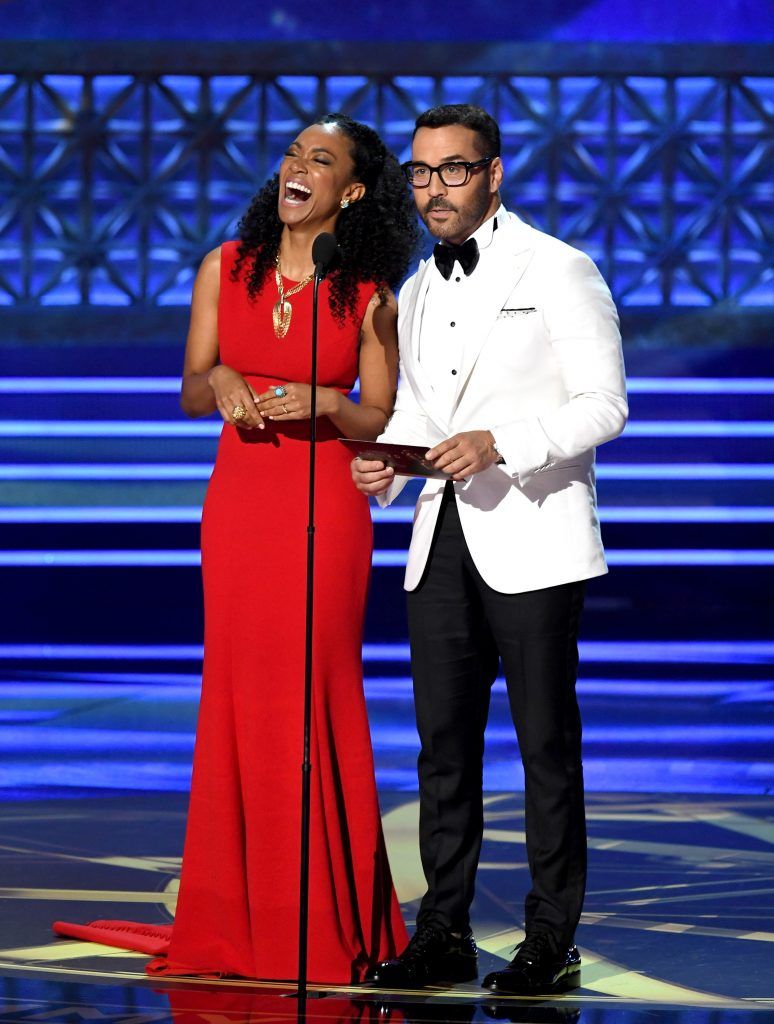 LOS ANGELES, CA - SEPTEMBER 17:  Actors Sonequa Martin-Green (L) and Jeremy Piven speak onstage during the 69th Annual Primetime Emmy Awards at Microsoft Theater on September 17, 2017 in Los Angeles, California.  (Photo by Kevin Winter/Getty Images)