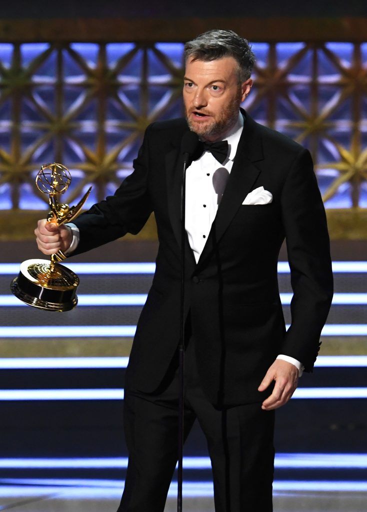 LOS ANGELES, CA - SEPTEMBER 17:  Writer/producer Charlie Brooker accepts Outstanding Writing for a Limited Series, Movie, or Dramatic Special for 'Black Mirror' (episode 'San Junipero') onstage during the 69th Annual Primetime Emmy Awards at Microsoft Theater on September 17, 2017 in Los Angeles, California.  (Photo by Kevin Winter/Getty Images)