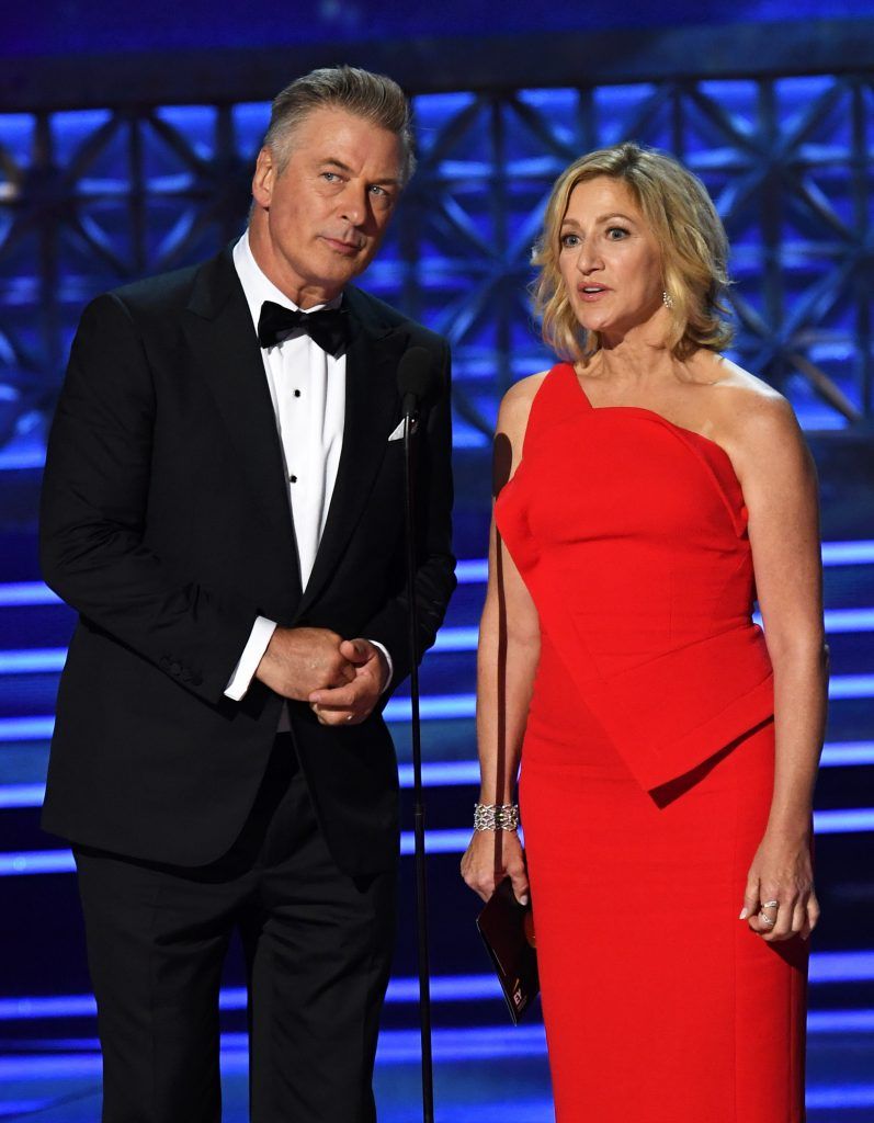 LOS ANGELES, CA - SEPTEMBER 17:  Actors Alec Baldwin (L) and Edie Falco speak onstage during the 69th Annual Primetime Emmy Awards at Microsoft Theater on September 17, 2017 in Los Angeles, California.  (Photo by Kevin Winter/Getty Images)
