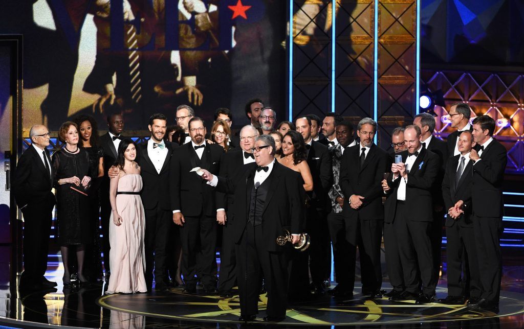 LOS ANGELES, CA - SEPTEMBER 17:  Cast and crew of 'Veep' accept the Outstanding Comedy Series award onstage during the 69th Annual Primetime Emmy Awards at Microsoft Theater on September 17, 2017 in Los Angeles, California.  (Photo by Kevin Winter/Getty Images)