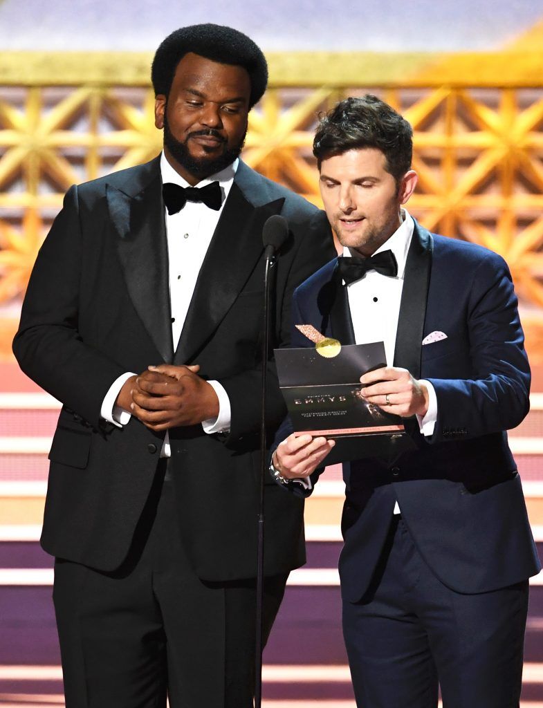 LOS ANGELES, CA - SEPTEMBER 17:  Actors Craig Robinson (L) and Adam Scott speak onstage during the 69th Annual Primetime Emmy Awards at Microsoft Theater on September 17, 2017 in Los Angeles, California.  (Photo by Kevin Winter/Getty Images)