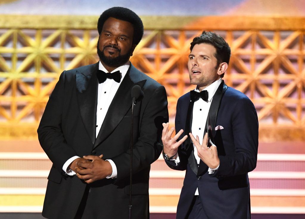 LOS ANGELES, CA - SEPTEMBER 17:  Actors Craig Robinson (L) and Adam Scott speak onstage during the 69th Annual Primetime Emmy Awards at Microsoft Theater on September 17, 2017 in Los Angeles, California.  (Photo by Kevin Winter/Getty Images)