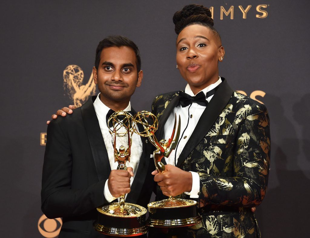 LOS ANGELES, CA - SEPTEMBER 17:  Aziz Ansari (L) and Lena Waithe pose with the award for Outstanding Writing for a Comedy Series for 'Master of None' during the 69th Annual Primetime Emmy Awards at Microsoft Theater on September 17, 2017 in Los Angeles, California.  (Photo by Alberto E. Rodriguez/Getty Images)