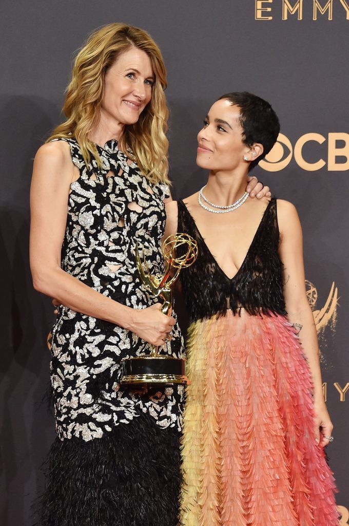 LOS ANGELES, CA - SEPTEMBER 17:  Actors Laura Dern and Zoe Kravitz, winners of Outstanding Limited Series for 'Big Little Lies', pose in the press room during the 69th Annual Primetime Emmy Awards at Microsoft Theater on September 17, 2017 in Los Angeles, California.  (Photo by Alberto E. Rodriguez/Getty Images)