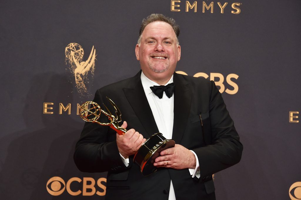 LOS ANGELES, CA - SEPTEMBER 17:  Writer Bruce Miller, winner of Outstanding Writing for a Drama Series for 'The Handmaid's Tale', poses in the press room during the 69th Annual Primetime Emmy Awards at Microsoft Theater on September 17, 2017 in Los Angeles, California.  (Photo by Alberto E. Rodriguez/Getty Images)