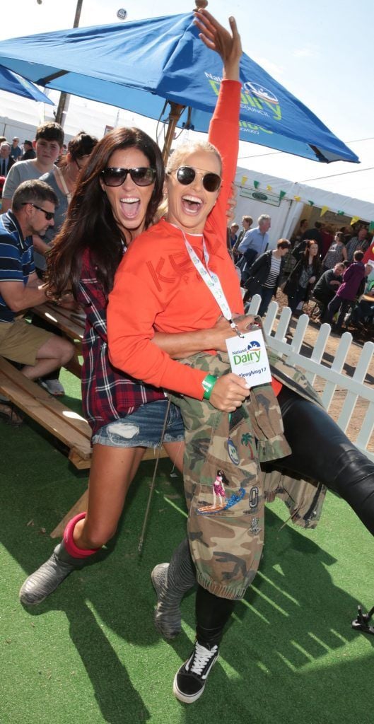 Glenda Gilson and Vogue Williams join in the fun at the National Ploughing Championships 2017 in Screggan Tullamore, Offaly. Photo by Brian McEvoy