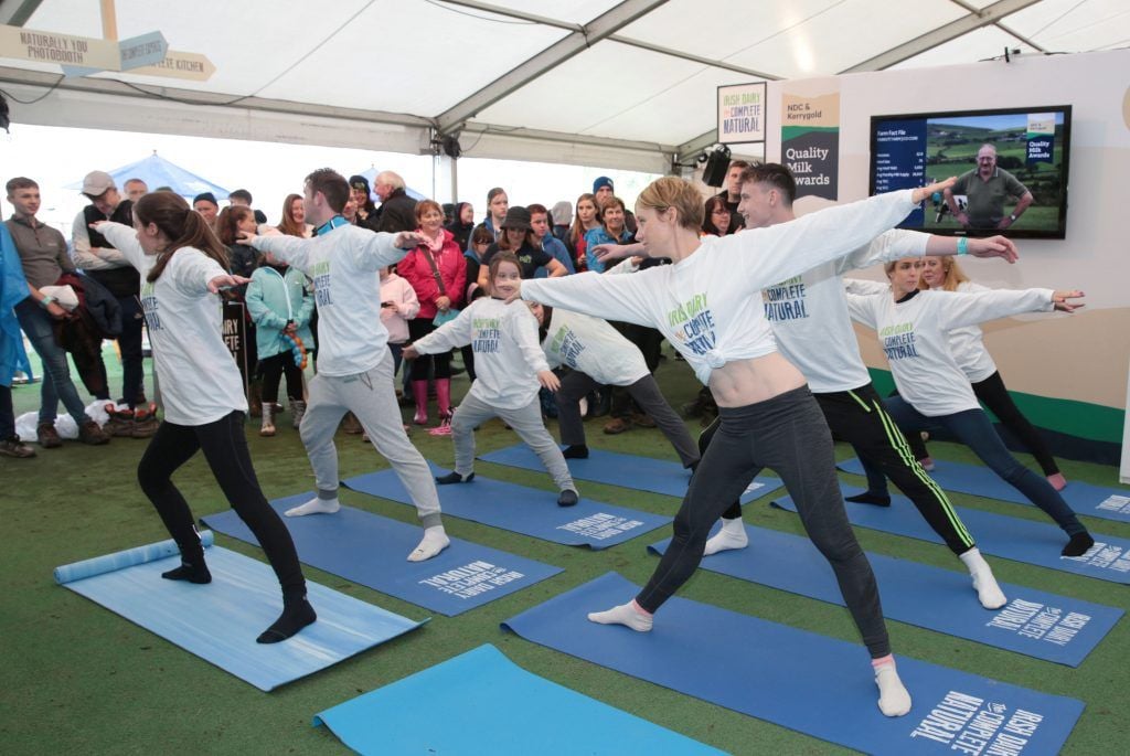 Yoga teacher, Geraldine O'Neill, took to the The National Dairy Council's stand to take Ploughing Festival goers through some easy stretches and moves to set them up for Day 2. Photo byBrian McEvoy