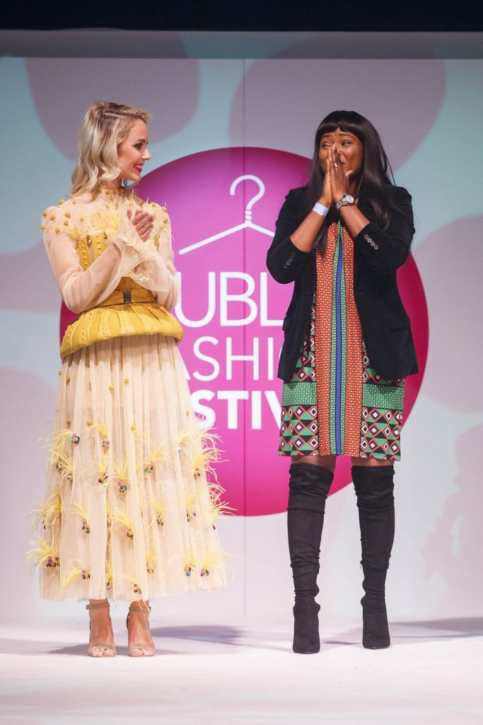 DublinTown and the esteemed judging panel, were proud to crown Naomi Ajetunmobi a student of the Grafton Academy of Design as this year's Young Designer of the Year pictured here celebrating with model Grace O'Mahony. Picture Andres Poveda