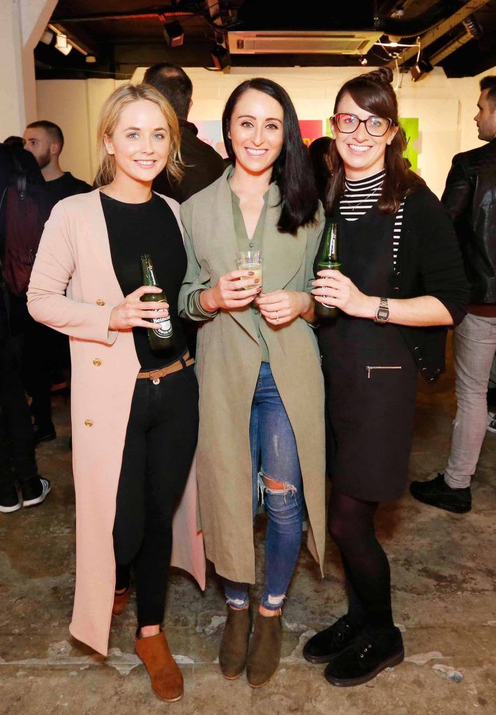 Carol-Ann Sherlock, Rachel Flood and Carla Simpson pictured at the #NOWTVArtBattle which took place at Fumbally Exchange as part of this year's Dublin Fringe Festival.