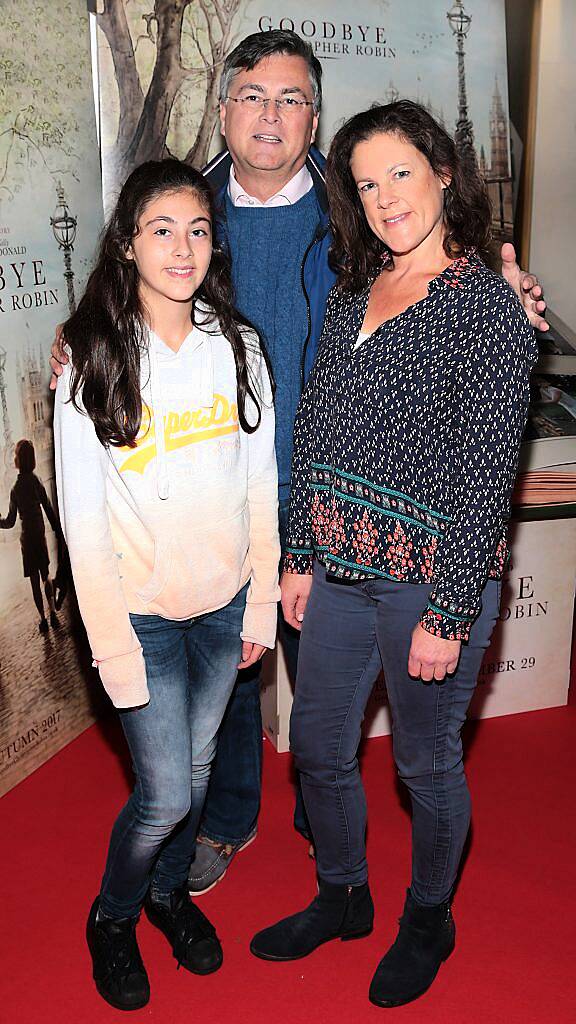 Layla Kenny, Peter Kenny and Rebecca Burrell at the special preview screening of Goodbye Christopher Robin at Omniplex Rathmines, Dublin. Picture by Brian McEvoy