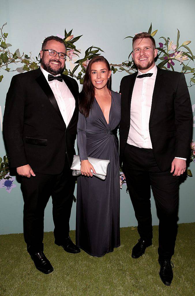 Rory Cashin, Tara Moran and Gav Byers pictured at the Irish Cinema Ball at the Powerscourt Hotel in Enniskerry, Co Wicklow. Photo by Brian McEvoy