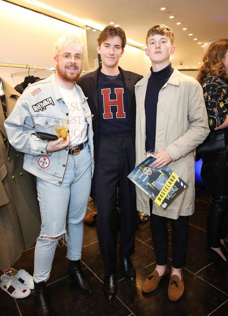 Scott McDonalds, Conor Davage and Charlie Proctor at the launch of the new issue of MFI Magazine at Brown Thomas, 28th September 2017. Photo: Sasko Lazarov/Photocall Ireland
