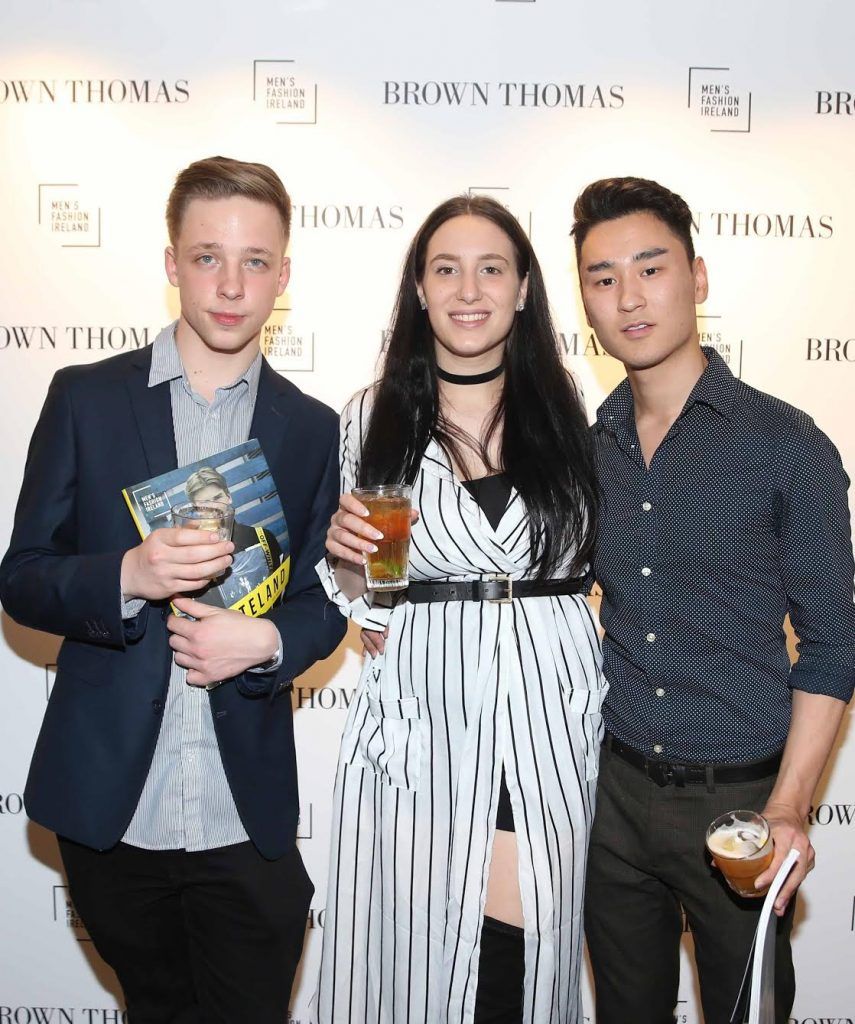 Kamil Kubiak, Iva Ray and Steven Peice at the launch of the new issue of MFI Magazine at Brown Thomas, 28th September 2017. Photo: Sasko Lazarov/Photocall Ireland