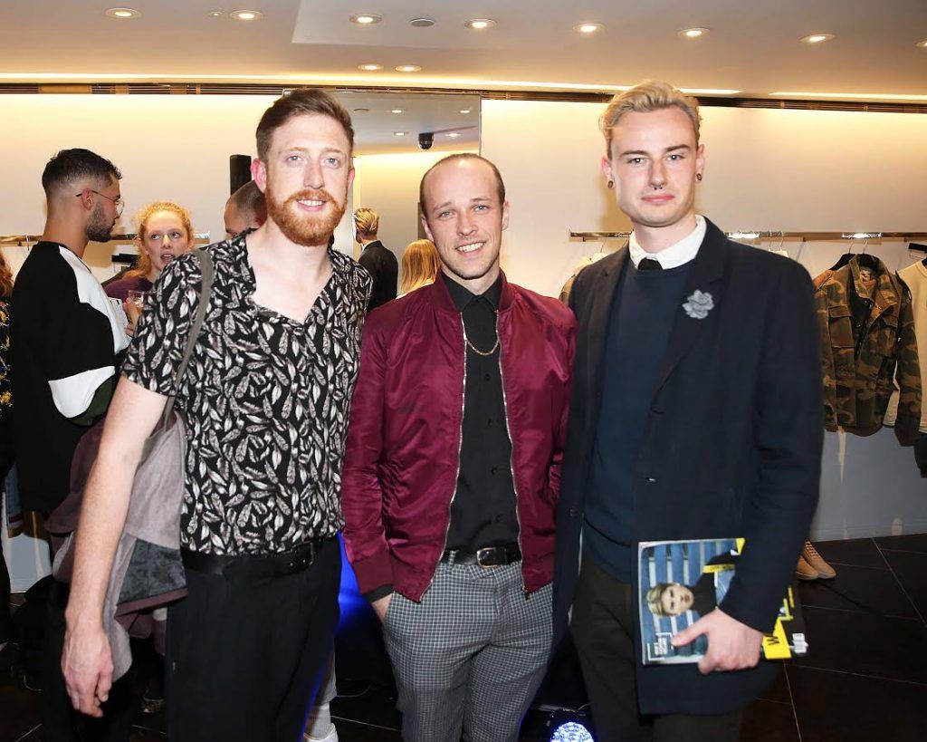 Seamus Clancy, Adrian O’Connor and Azzy O’Connor at the launch of the new issue of MFI Magazine at Brown Thomas, 28th September 2017. Photo: Sasko Lazarov/Photocall Ireland