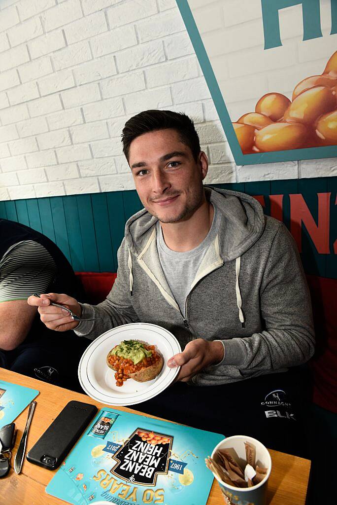 The Beanz Meanz Heinz Cafe opens in Galway to celebrate 50 years of its iconic advertising slogan 'Beanz Meanz Heinz'. The Connacht Rugby team, Rose of Tralee Maria Walsh and bloggers Nuala Gorham and Kieran O'Malley dropped by. Pay for your food by using #HEINZBEANZCAFE. Photo: Boyd Challenger