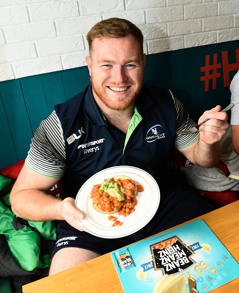 The Beanz Meanz Heinz Cafe opens in Galway to celebrate 50 years of its iconic advertising slogan 'Beanz Meanz Heinz'. The Connacht Rugby team, Rose of Tralee Maria Walsh and bloggers Nuala Gorham and Kieran O'Malley dropped by. Pay for your food by using #HEINZBEANZCAFE. Photo: Boyd Challenger