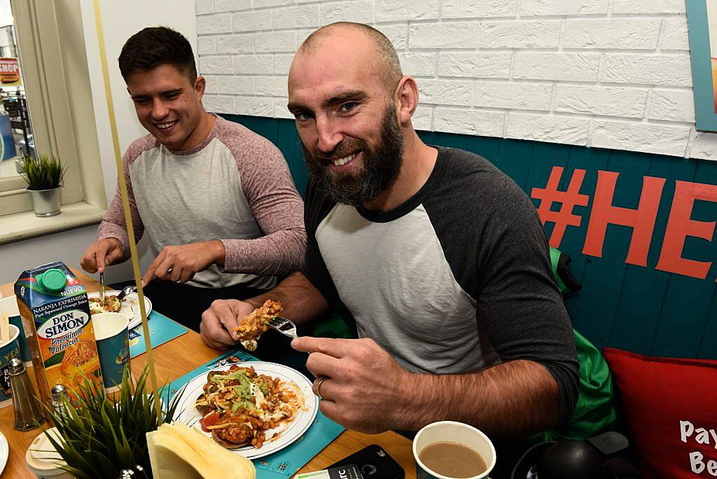 The Beanz Meanz Heinz Cafe opens in Galway to celebrate 50 years of its iconic advertising slogan 'Beanz Meanz Heinz'. The Connacht Rugby team, Rose of Tralee Maria Walsh and bloggers Nuala Gorham and Kieran O'Malley dropped by. Pay for your food by using #HEINZBEANZCAFE. Photo: Boyd Challenger