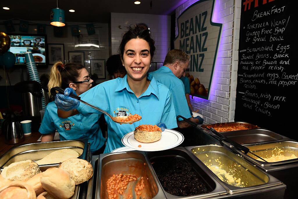 The Beanz Meanz Heinz Cafe opens in Galway to celebrate 50 years of its iconic advertising slogan 'Beanz Meanz Heinz'. The Connacht Rugby team, Rose of Tralee Maria Walsh and bloggers Nuala Gorham and Kieran O'Malley dropped by. Pay for your food by using #HEINZBEANZCAFE. Photo: Boyd Challenger