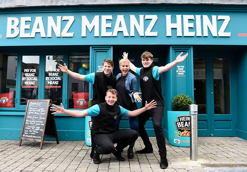 The Beanz Meanz Heinz Cafe opens in Galway to celebrate 50 years of its iconic advertising slogan 'Beanz Meanz Heinz'. The Connacht Rugby team, Rose of Tralee Maria Walsh and bloggers Nuala Gorham and Kieran O'Malley dropped by. Pay for your food by using #HEINZBEANZCAFE. Photo: Boyd Challenger