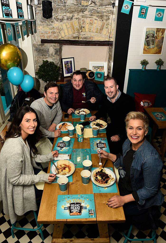 The Beanz Meanz Heinz Cafe opens in Galway to celebrate 50 years of its iconic advertising slogan 'Beanz Meanz Heinz'. The Connacht Rugby team, Rose of Tralee Maria Walsh and bloggers Nuala Gorham and Kieran O'Malley dropped by. Pay for your food by using #HEINZBEANZCAFE. Photo: Boyd Challenger