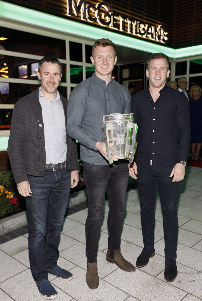 Colm Callanan, Joe Canning and Davy Glennon t the exclusive opening night of McGettigan's Dublin 9 in the new Bonnington Hotel (5th October 2017), hosted by Dennis McGettigan. Photo: Kieran Harnett