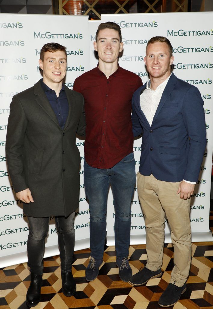 Dublin Footballers John Small, Brian Fenton and Ciaran Kilkenny t the exclusive opening night of McGettigan's Dublin 9 in the new Bonnington Hotel (5th October 2017), hosted by Dennis McGettigan. Photo: Kieran Harnett