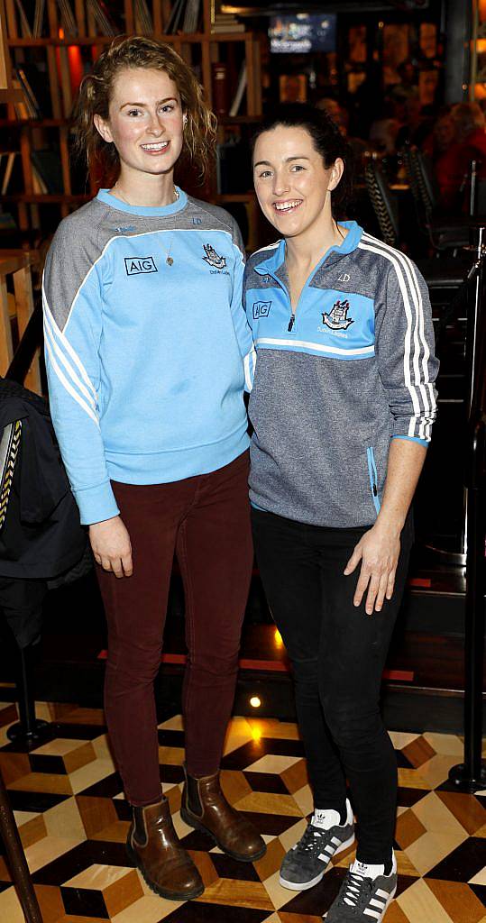 Dublin Footballers Sarah McCaffrey and Lyndsey Davey t the exclusive opening night of McGettigan's Dublin 9 in the new Bonnington Hotel (5th October 2017), hosted by Dennis McGettigan. Photo: Kieran Harnett