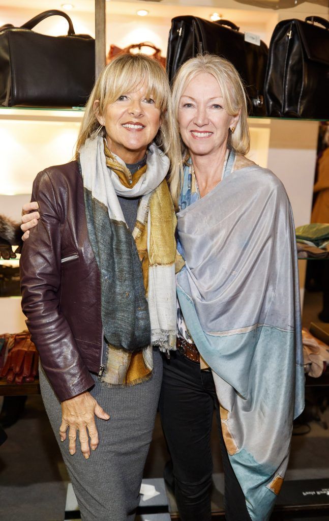 Cliona Prizeman and Catherine Nagle pictured at the launch of Dublin-based designer and entrepreneur, Paula Rowan’s limited-edition range of silk and modal scarves featuring designs by Irish artist Mark P Cullen (5th October 2017). Picture Andres Poveda