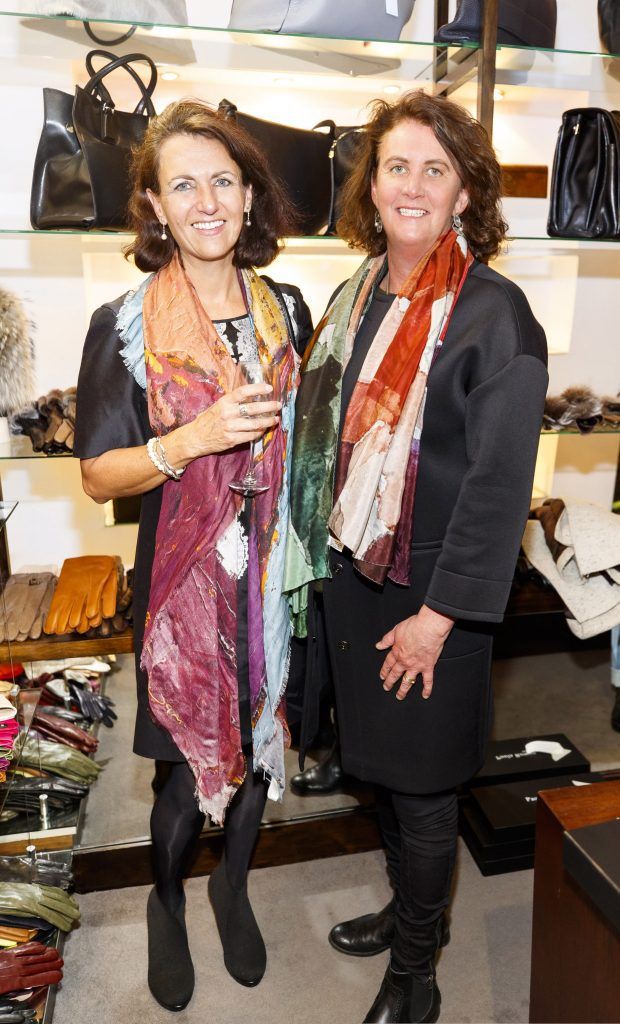 Paquita Cullen and Ana Grehan pictured at the launch of Dublin-based designer and entrepreneur, Paula Rowan’s limited-edition range of silk and modal scarves featuring designs by Irish artist Mark P Cullen (5th October 2017). Picture Andres Poveda