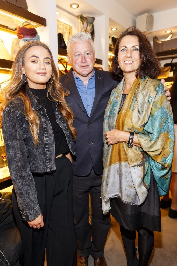 Ines, Mark and Paquita Cullen pictured at the launch of Dublin-based designer and entrepreneur, Paula Rowan’s limited-edition range of silk and modal scarves featuring designs by Irish artist Mark P Cullen (5th October 2017). Picture Andres Poveda