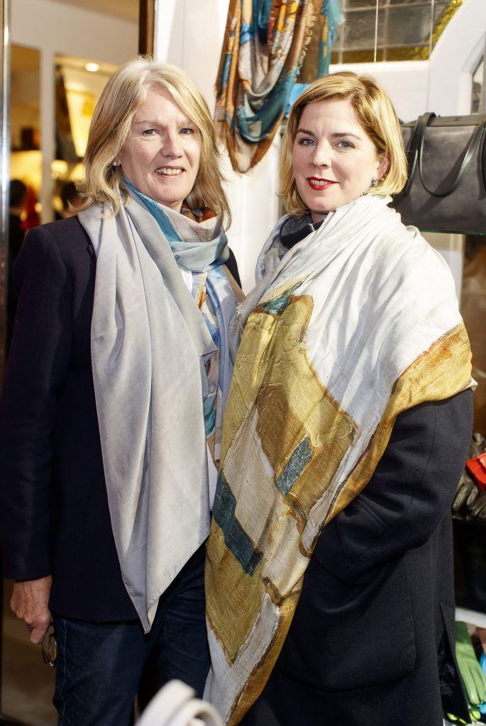 Ingrid and Chloe O'Connor pictured at the launch of Dublin-based designer and entrepreneur, Paula Rowan’s limited-edition range of silk and modal scarves featuring designs by Irish artist Mark P Cullen (5th October 2017). Picture Andres Poveda