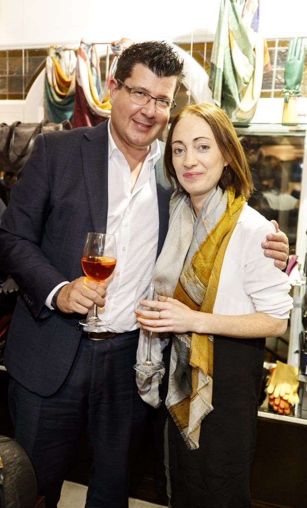 Andreas Seibert and Ciara Connoly pictured at the launch of Dublin-based designer and entrepreneur, Paula Rowan’s limited-edition range of silk and modal scarves featuring designs by Irish artist Mark P Cullen (5th October 2017). Picture Andres Poveda