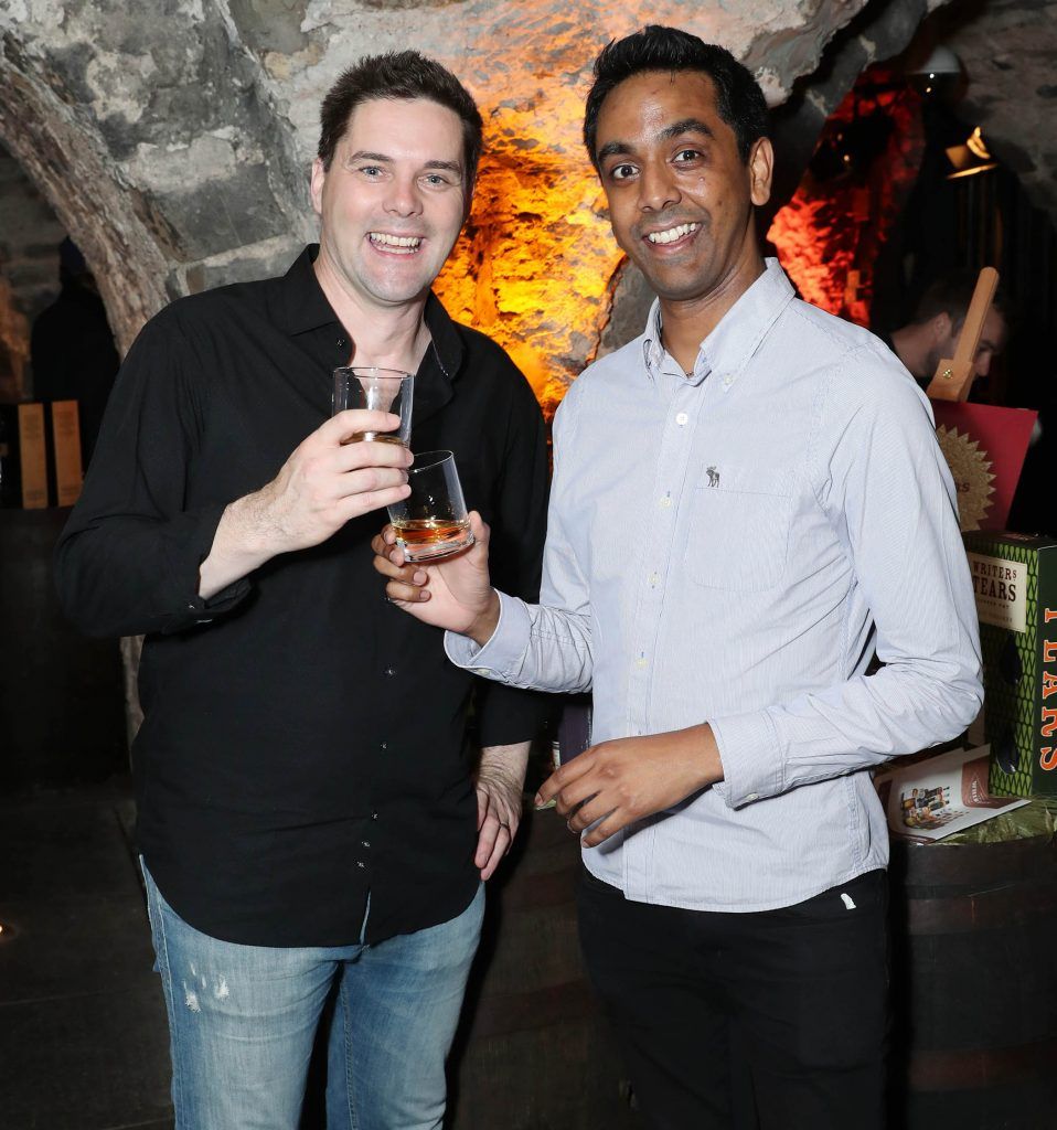 Marty Miller and Clint Dreiberg pictured at SuperValu's #WhiskeyExclusives event in The Crypt at Christchurch Cathedral on 11th October 2017. Guests got to enjoy a selection of Premium Irish Whiskey. Pic: Marc O'Sullivan