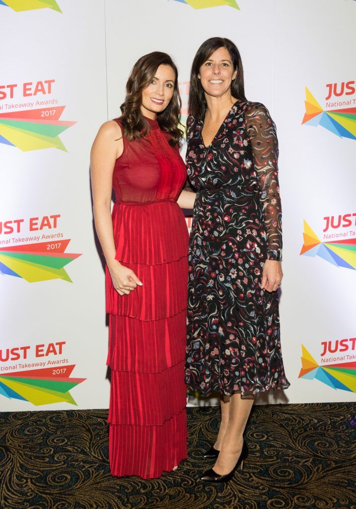 Host Louise Duffy and Amanda Roche-Kelly, Managing Director, Just Eat Ireland at the fourth annual Just Eat National Takeaway Awards (17th October 2017). Pic: Naoise Culhane